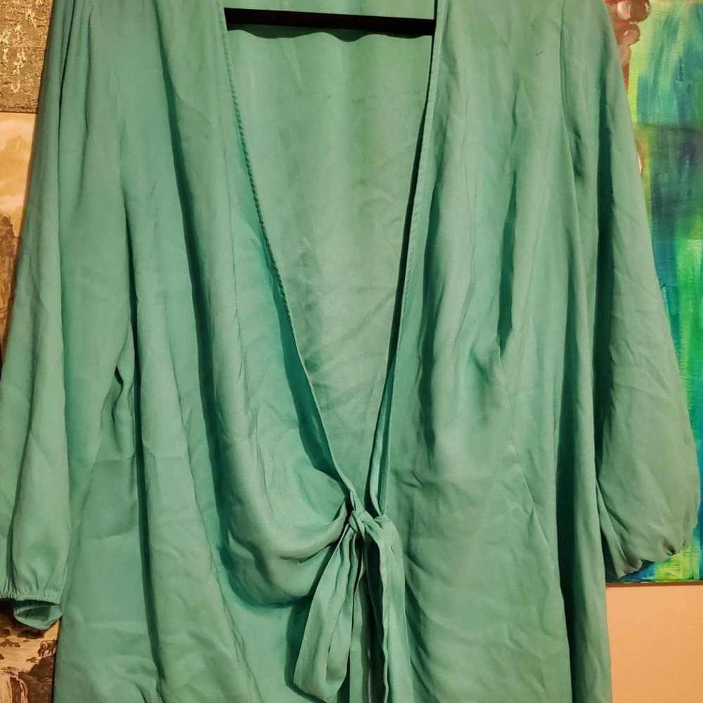 Blouse Ann TaylornL 14 teal green silky wrap blouse top shirt office Christmas